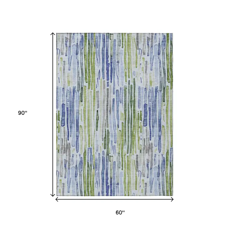 5' X 8' Sky Blue And Fern Green Striped Washable Indoor Outdoor Area Rug