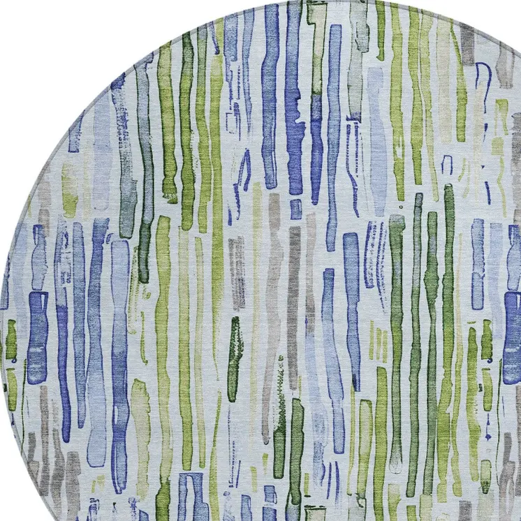 8' Sky Blue And Fern Green Round Striped Washable Indoor Outdoor Area Rug