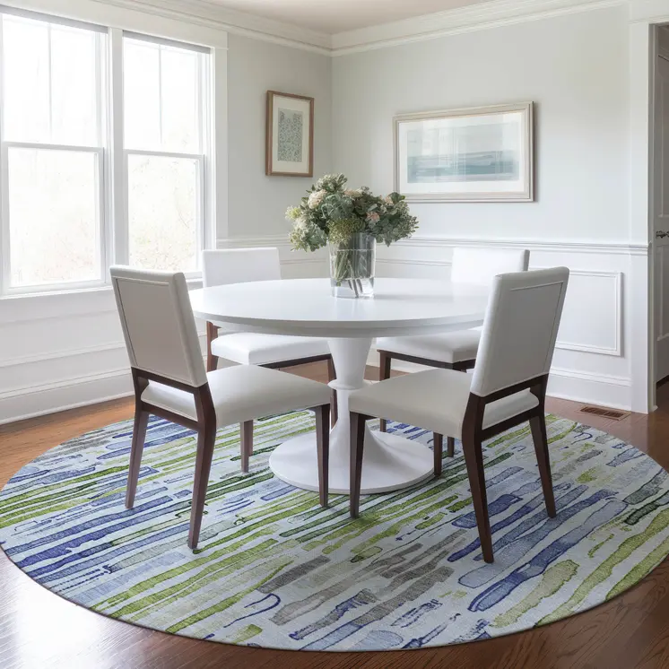 8' Sky Blue And Fern Green Round Striped Washable Indoor Outdoor Area Rug
