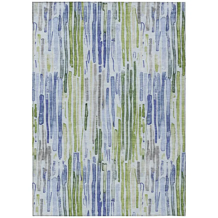 8' X 10' Sky Blue And Fern Green Striped Washable Indoor Outdoor Area Rug