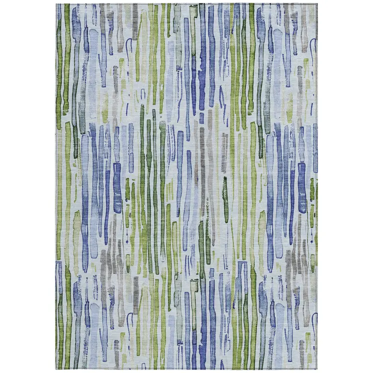 8' X 10' Sky Blue And Fern Green Striped Washable Indoor Outdoor Area Rug