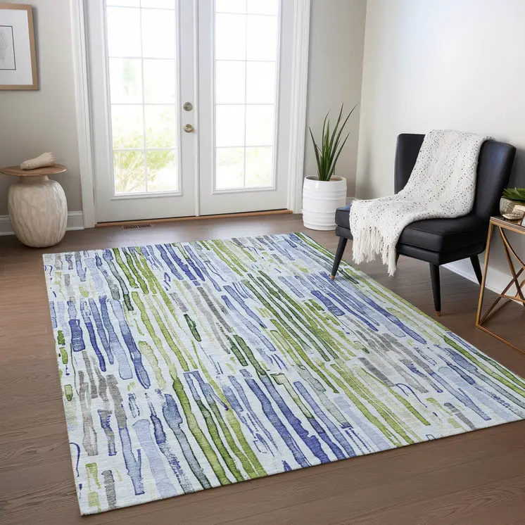 8' X 10' Sky Blue And Fern Green Striped Washable Indoor Outdoor Area Rug