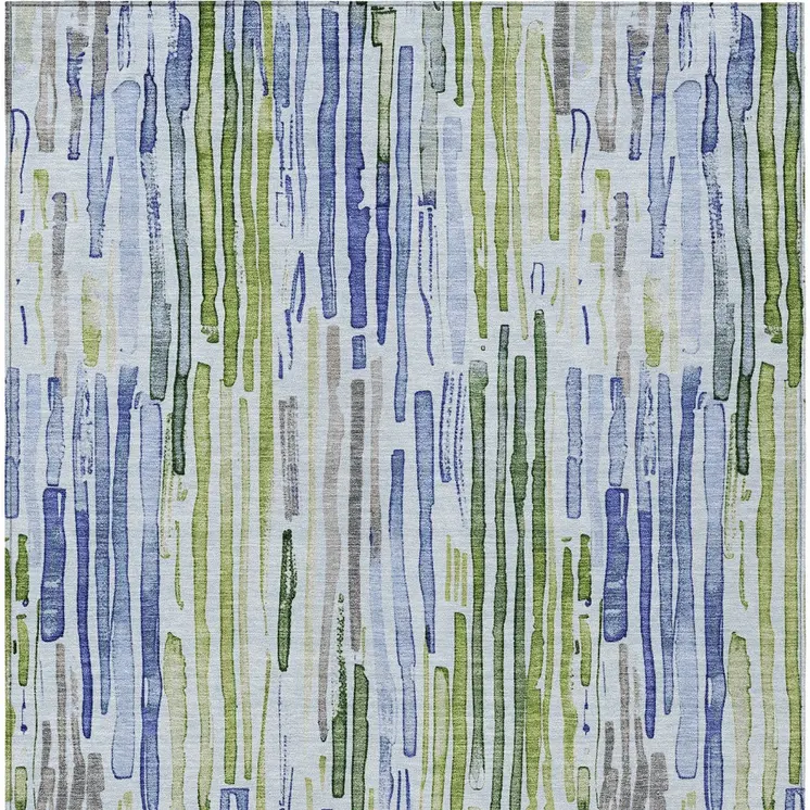 10' X 14' Sky Blue And Fern Green Striped Washable Indoor Outdoor Area Rug