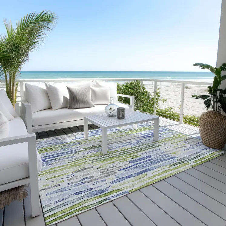 10' X 14' Sky Blue And Fern Green Striped Washable Indoor Outdoor Area Rug