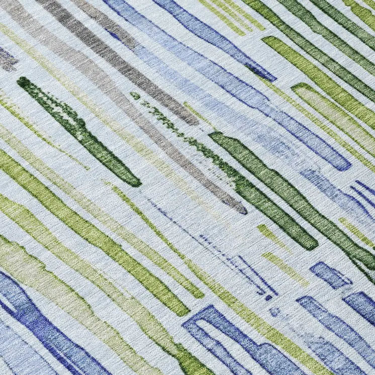 10' X 14' Sky Blue And Fern Green Striped Washable Indoor Outdoor Area Rug
