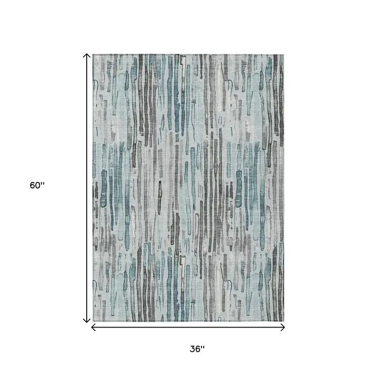 3' X 5' Teal Blue And Gray Striped Washable Indoor Outdoor Area Rug