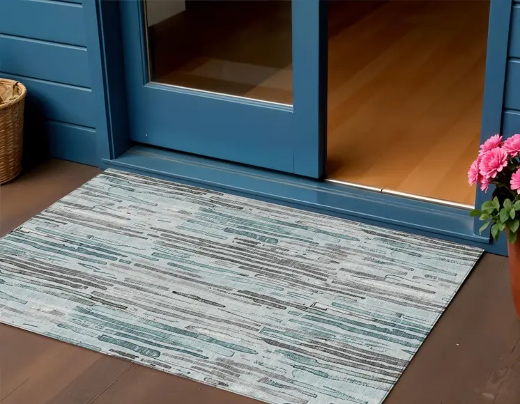 3' X 5' Teal Blue And Gray Striped Washable Indoor Outdoor Area Rug