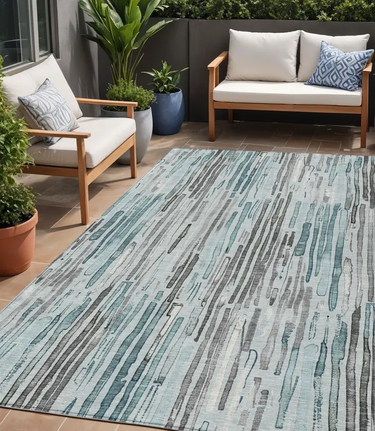 5' X 8' Teal Blue And Gray Striped Washable Indoor Outdoor Area Rug