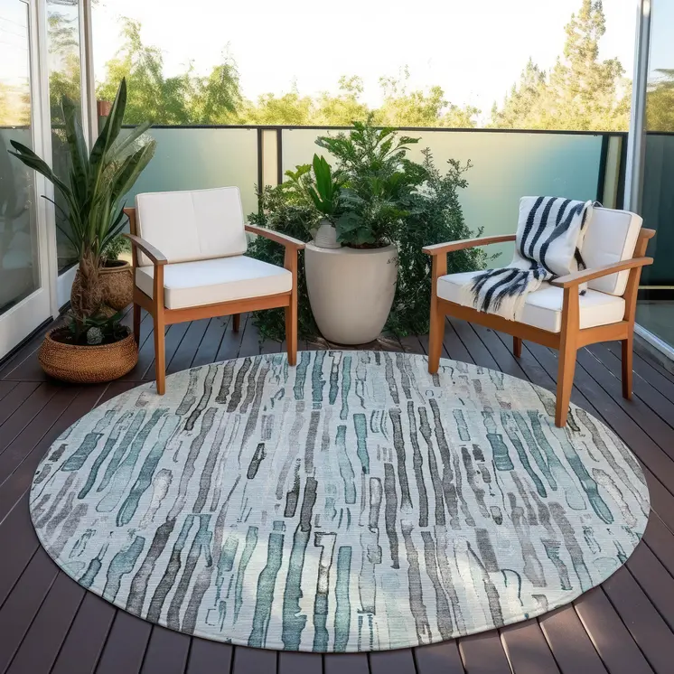 8' Teal Blue And Gray Round Striped Washable Indoor Outdoor Area Rug