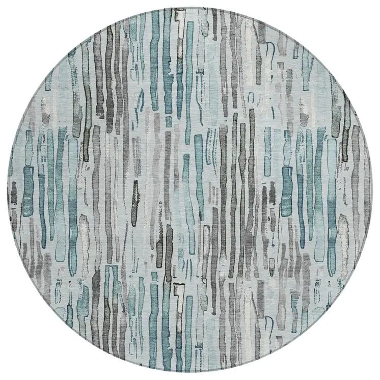 8' Teal Blue And Gray Round Striped Washable Indoor Outdoor Area Rug