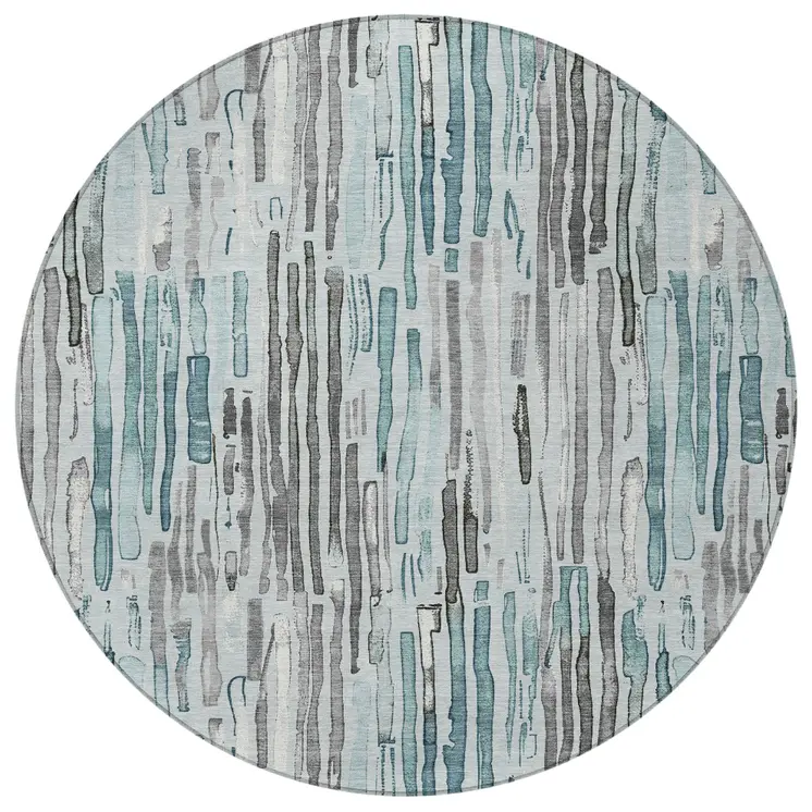 8' Teal Blue And Gray Round Striped Washable Indoor Outdoor Area Rug