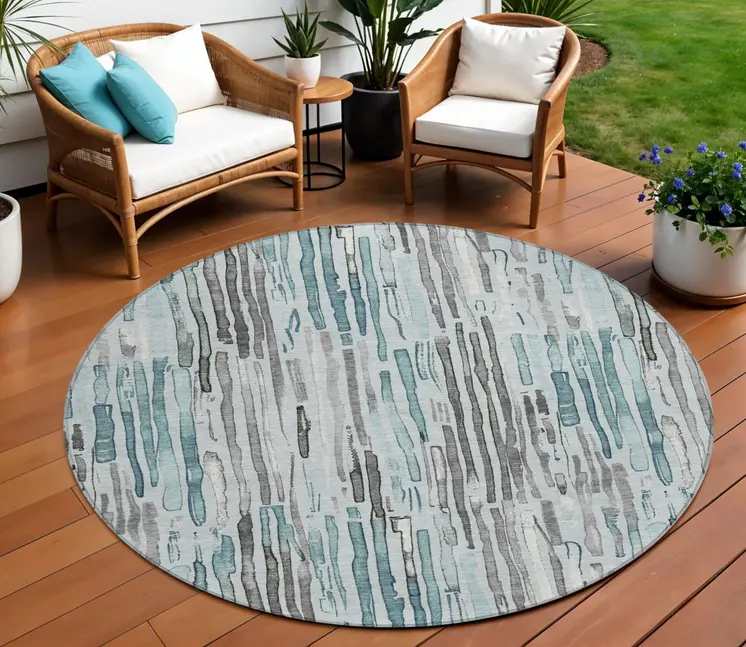 8' Teal Blue And Gray Round Striped Washable Indoor Outdoor Area Rug