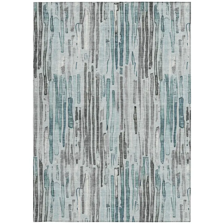 8' X 10' Teal Blue And Gray Striped Washable Indoor Outdoor Area Rug
