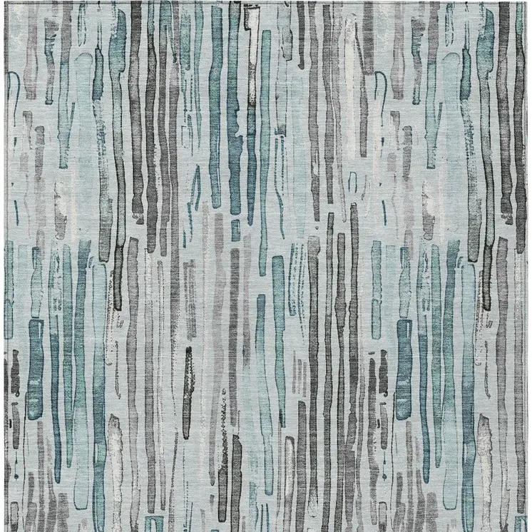 10' X 14' Teal Blue And Gray Striped Washable Indoor Outdoor Area Rug