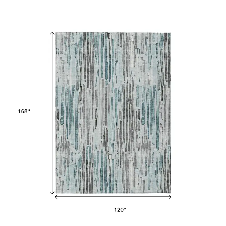 10' X 14' Teal Blue And Gray Striped Washable Indoor Outdoor Area Rug