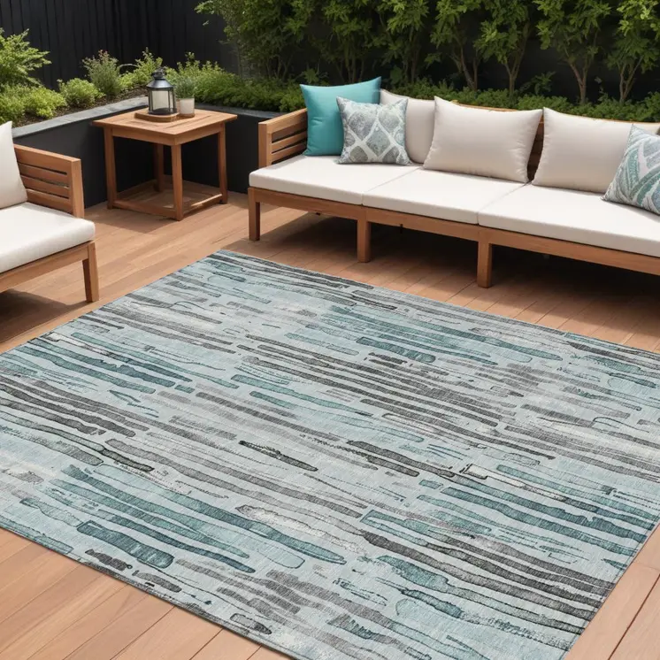 10' X 14' Teal Blue And Gray Striped Washable Indoor Outdoor Area Rug