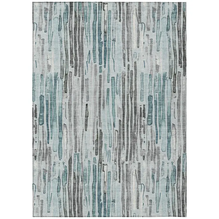 10' X 14' Teal Blue And Gray Striped Washable Indoor Outdoor Area Rug