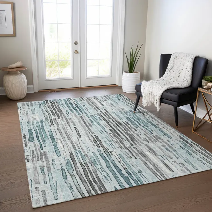 10' X 14' Teal Blue And Gray Striped Washable Indoor Outdoor Area Rug