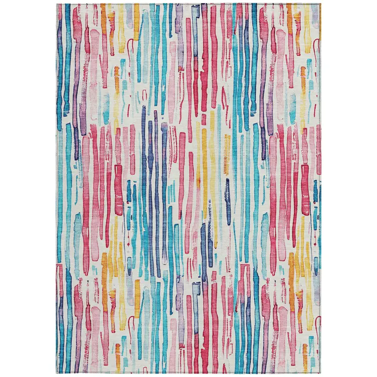 3' X 5' White Pink Teal Blue And Yellow Striped Washable Indoor Outdoor Area Rug