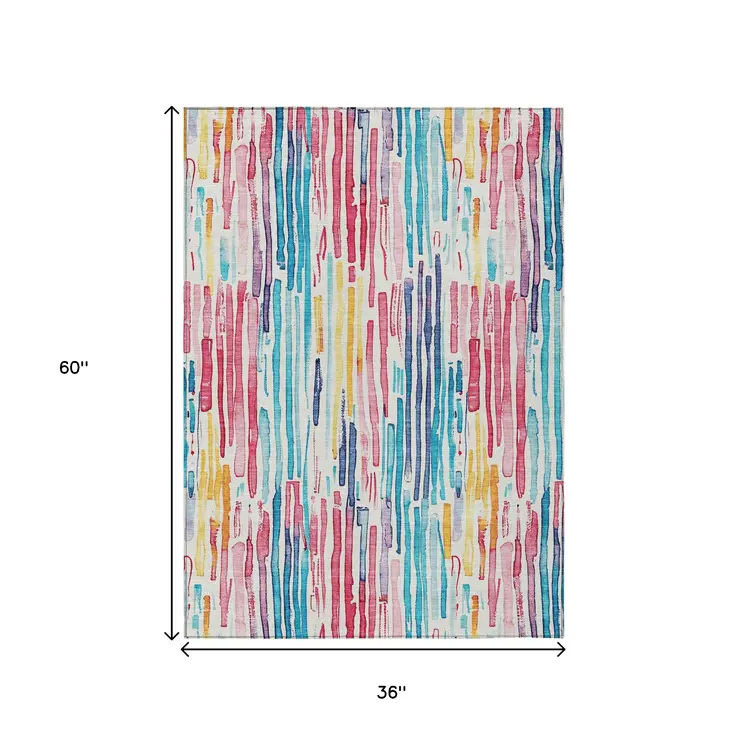 3' X 5' White Pink Teal Blue And Yellow Striped Washable Indoor Outdoor Area Rug