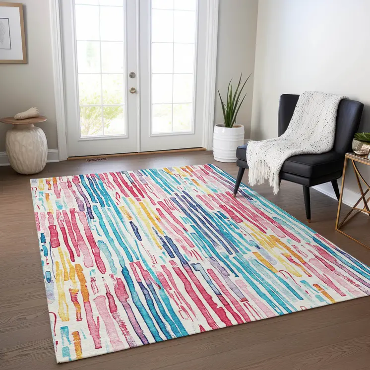 3' X 5' White Pink Teal Blue And Yellow Striped Washable Indoor Outdoor Area Rug