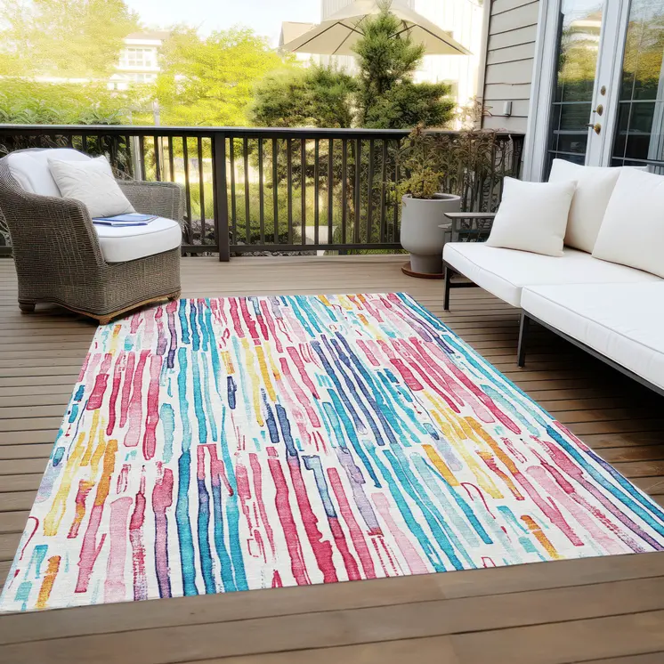 3' X 5' White Pink Teal Blue And Yellow Striped Washable Indoor Outdoor Area Rug