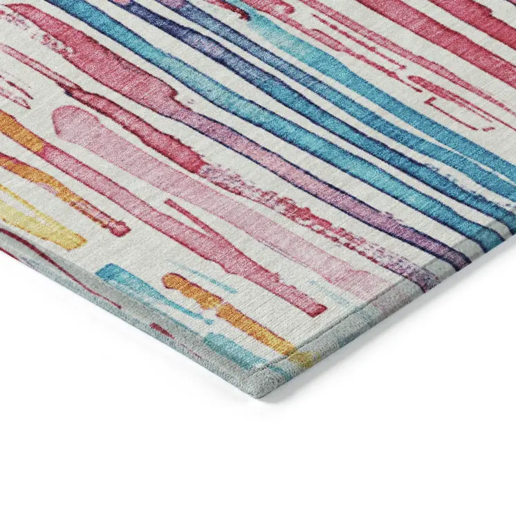 5' X 8' White Pink Teal Blue And Yellow Striped Washable Indoor Outdoor Area Rug