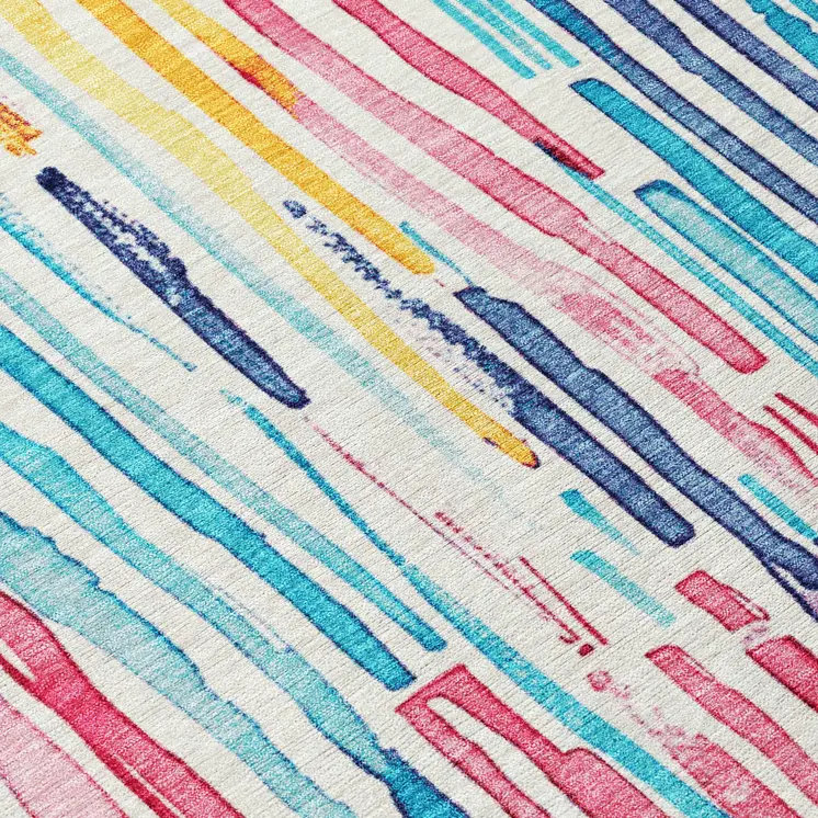 5' X 8' White Pink Teal Blue And Yellow Striped Washable Indoor Outdoor Area Rug