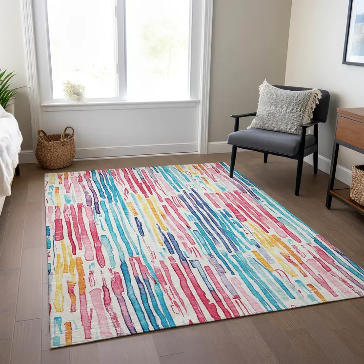 5' X 8' White Pink Teal Blue And Yellow Striped Washable Indoor Outdoor Area Rug