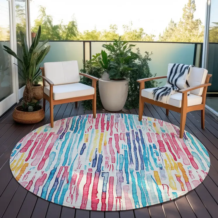 8' White Pink Teal Blue And Yellow Round Striped Washable Indoor Outdoor Area Rug
