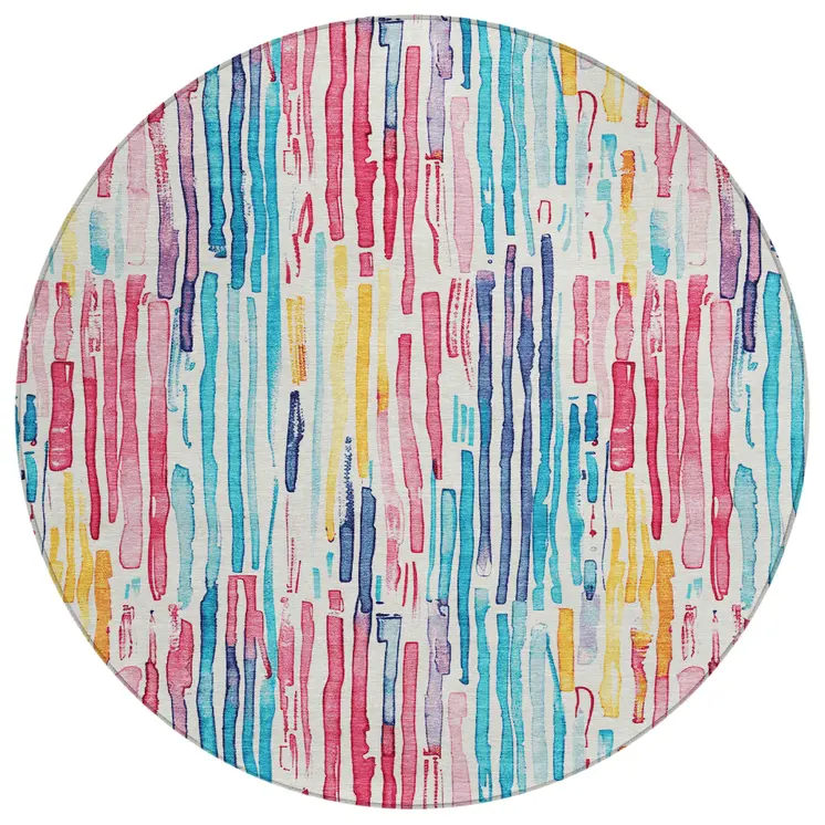 8' White Pink Teal Blue And Yellow Round Striped Washable Indoor Outdoor Area Rug