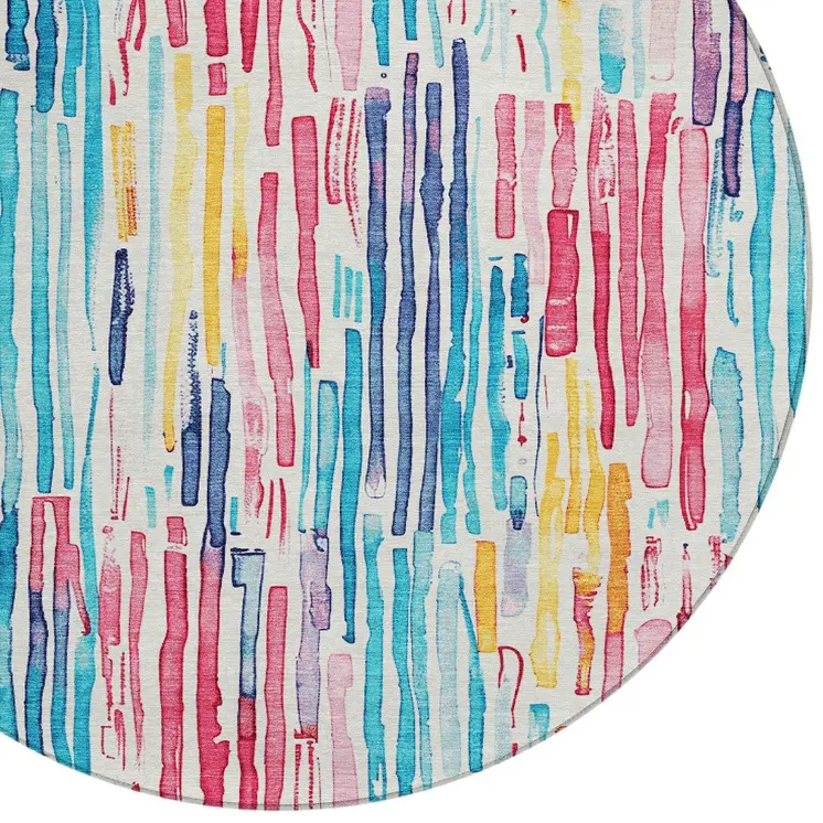 8' White Pink Teal Blue And Yellow Round Striped Washable Indoor Outdoor Area Rug