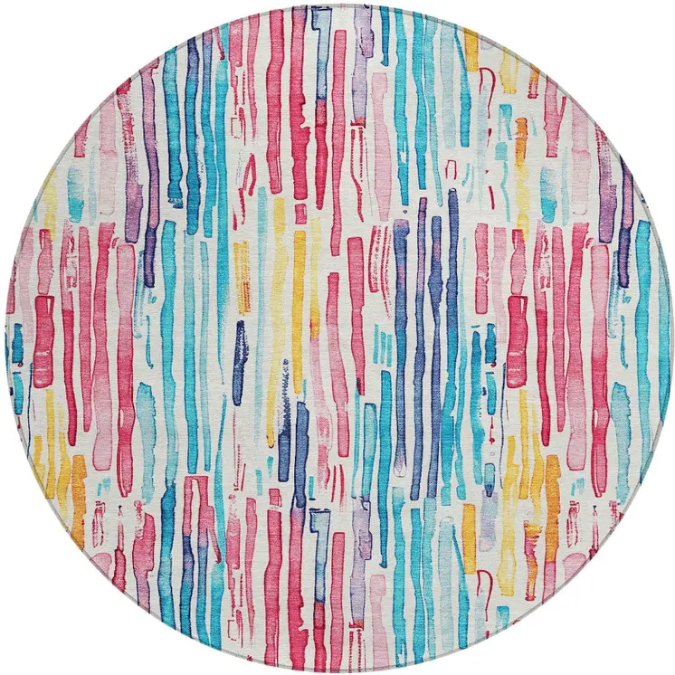 8' White Pink Teal Blue And Yellow Round Striped Washable Indoor Outdoor Area Rug