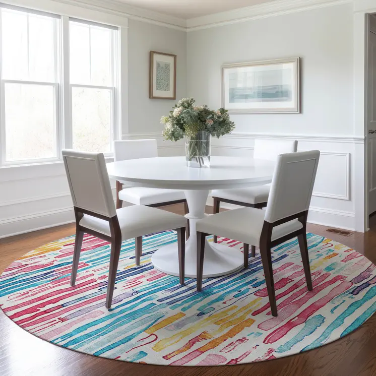 8' White Pink Teal Blue And Yellow Round Striped Washable Indoor Outdoor Area Rug