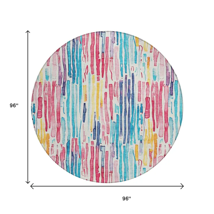8' White Pink Teal Blue And Yellow Round Striped Washable Indoor Outdoor Area Rug