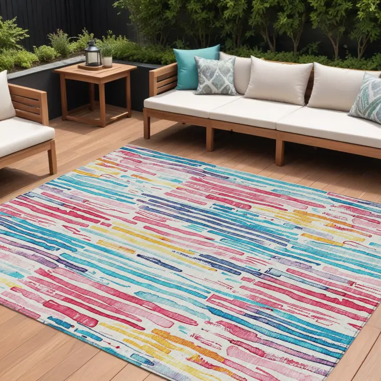 8' X 10' White Pink Teal Blue And Yellow Striped Washable Indoor Outdoor Area Rug