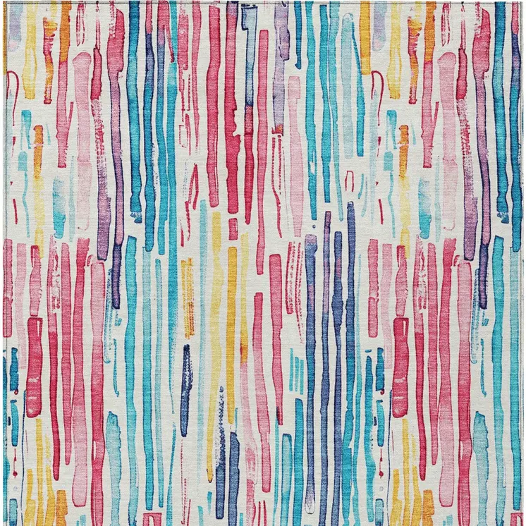 9' X 12' White Pink Teal Blue And Yellow Striped Washable Indoor Outdoor Area Rug