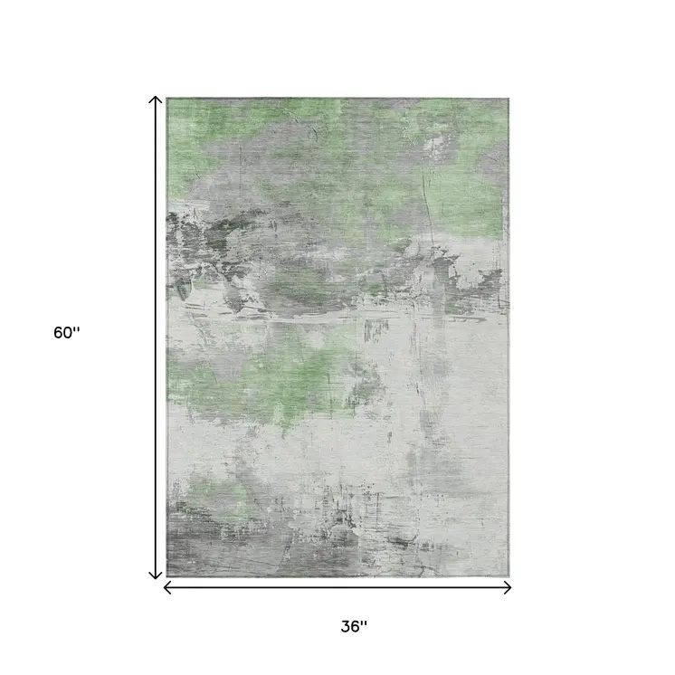 3' X 5' Artichoke Green And Gray Abstract Washable Indoor Outdoor Area Rug