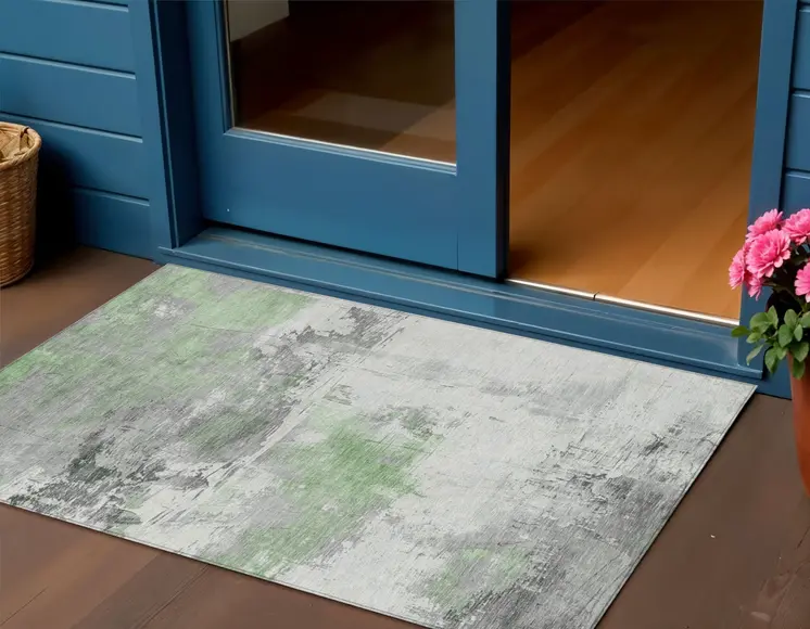 3' X 5' Artichoke Green And Gray Abstract Washable Indoor Outdoor Area Rug