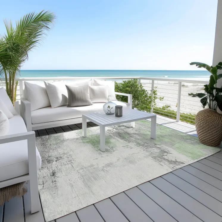 5' X 8' Artichoke Green And Gray Abstract Washable Indoor Outdoor Area Rug
