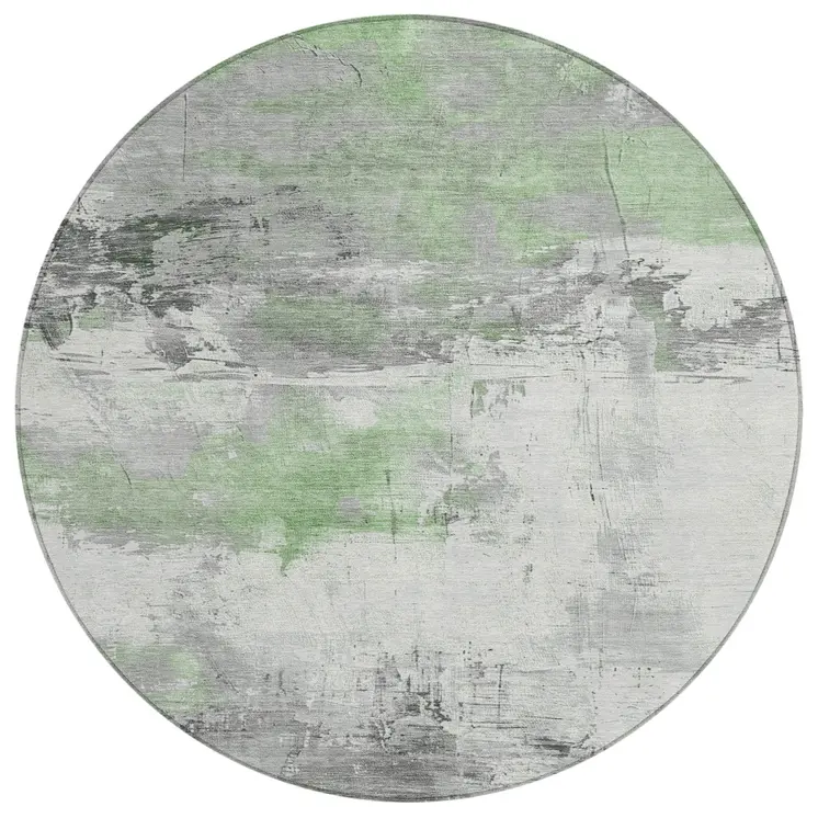 8' Artichoke Green And Gray Round Abstract Washable Indoor Outdoor Area Rug