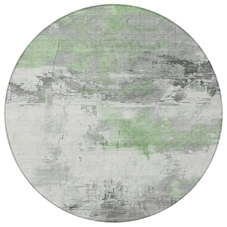 8' Artichoke Green And Gray Round Abstract Washable Indoor Outdoor Area Rug