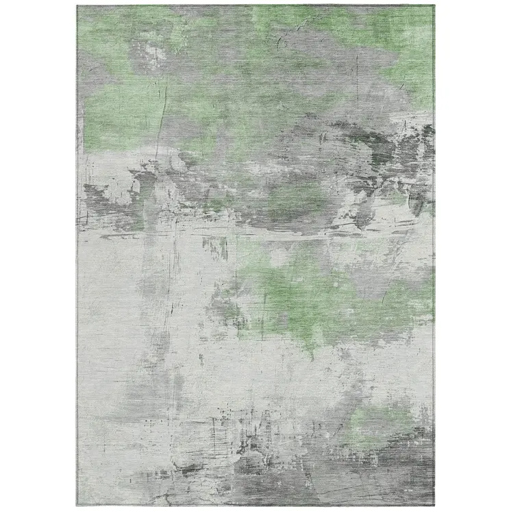9' X 12' Artichoke Green And Gray Abstract Washable Indoor Outdoor Area Rug