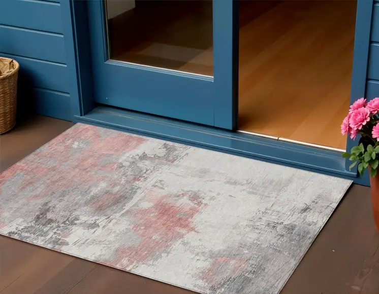 3' X 5' Coral And Gray Abstract Washable Indoor Outdoor Area Rug