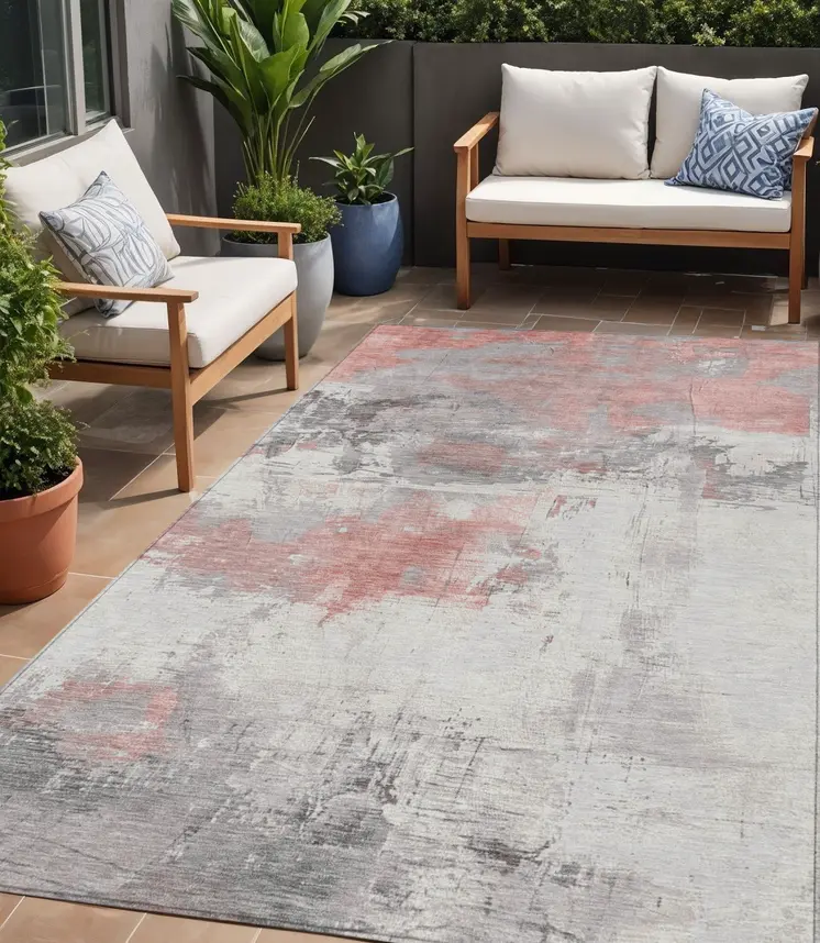 5' X 8' Coral And Gray Abstract Washable Indoor Outdoor Area Rug