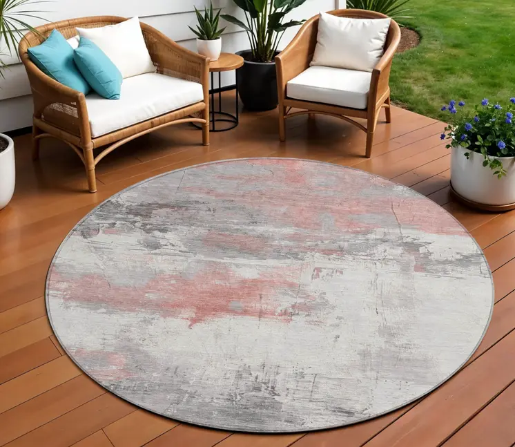 8' Coral And Gray Round Abstract Washable Indoor Outdoor Area Rug