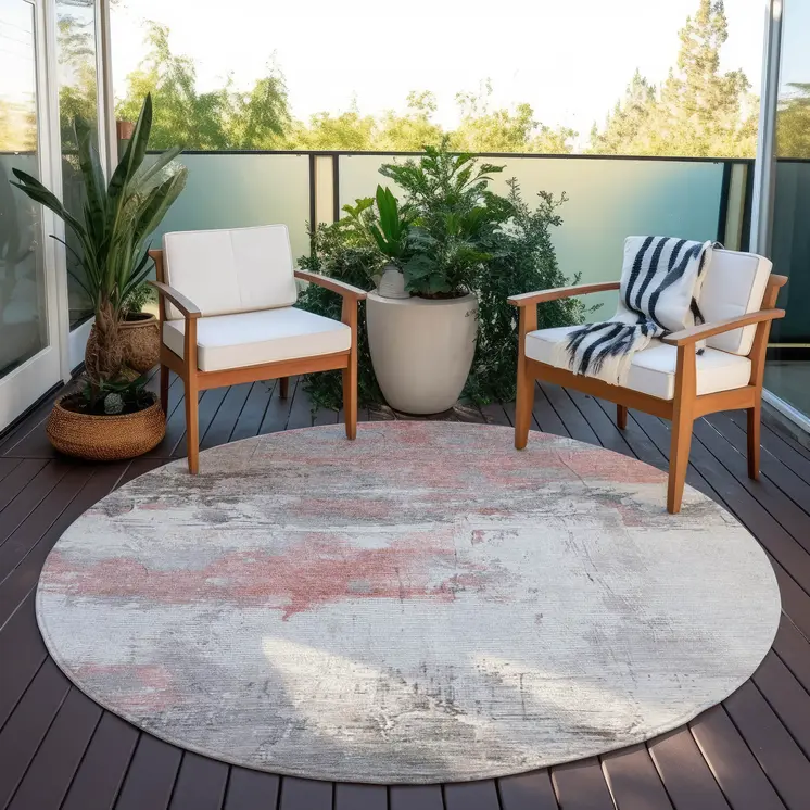 8' Coral And Gray Round Abstract Washable Indoor Outdoor Area Rug