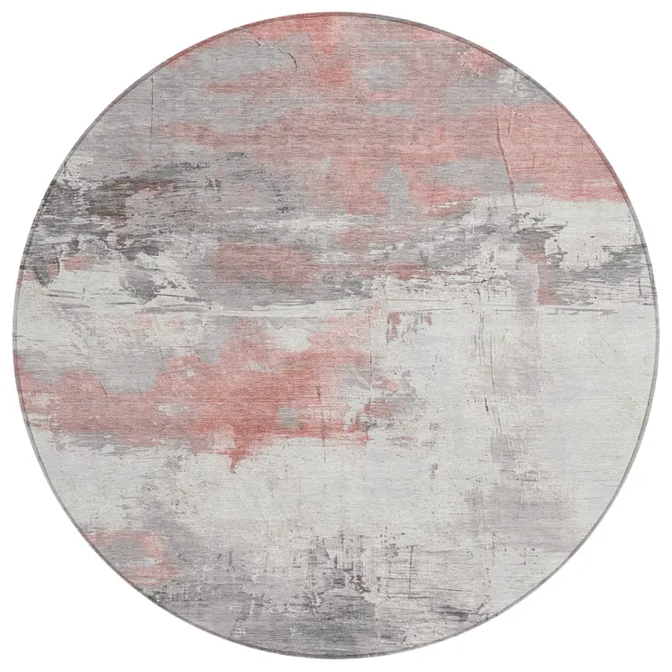 8' Coral And Gray Round Abstract Washable Indoor Outdoor Area Rug