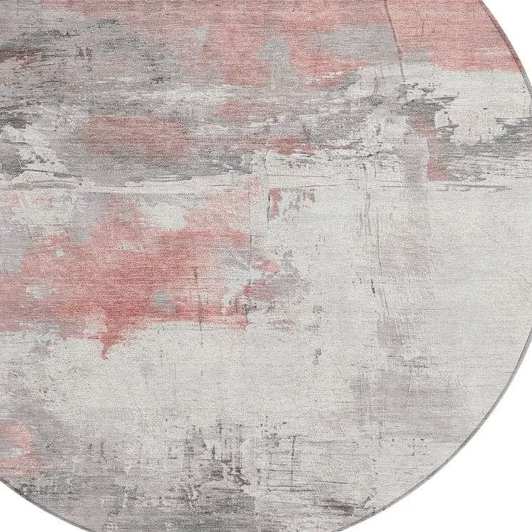 8' Coral And Gray Round Abstract Washable Indoor Outdoor Area Rug