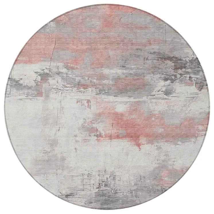 8' Coral And Gray Round Abstract Washable Indoor Outdoor Area Rug